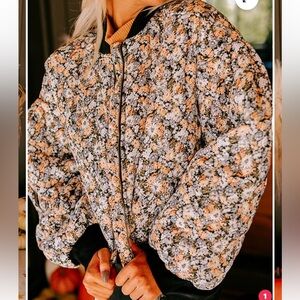 Fabrik Floral Quilted Bomber Jacket Front Zip Elastic Waist Blue Grey Size S